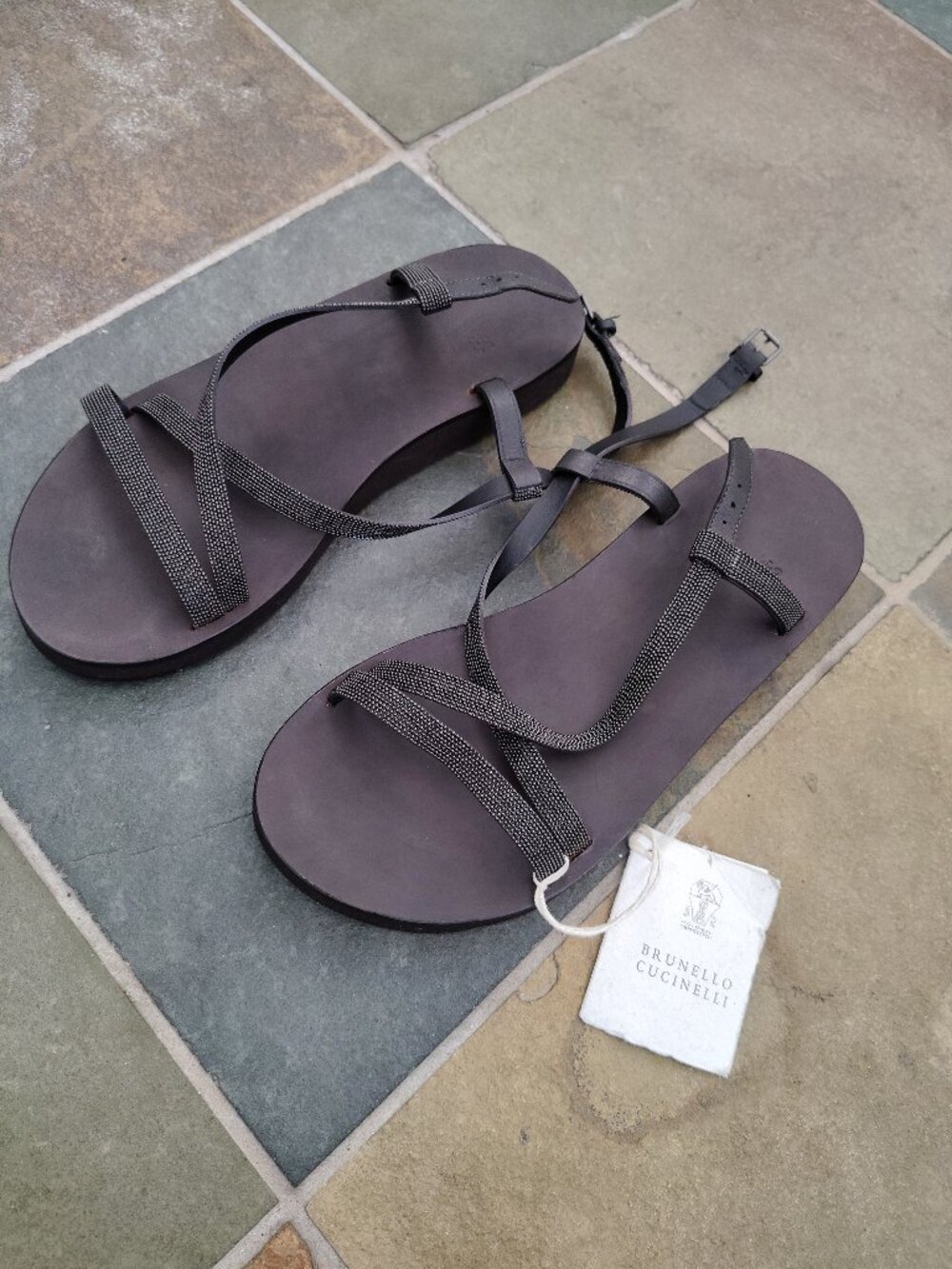 New Brunello Cucinelli Leather Strappy Metallic Sandals